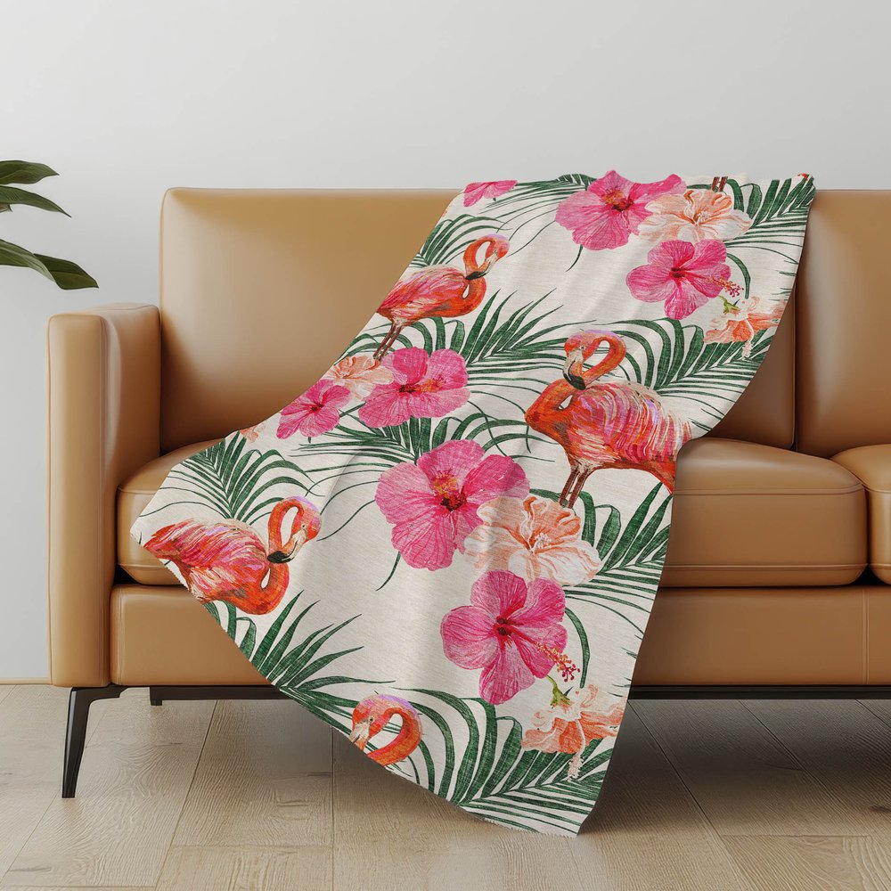 50" X 70" Pink Ivory And Olive Green Animal Print Polyester Woven Plush Throw Blanket