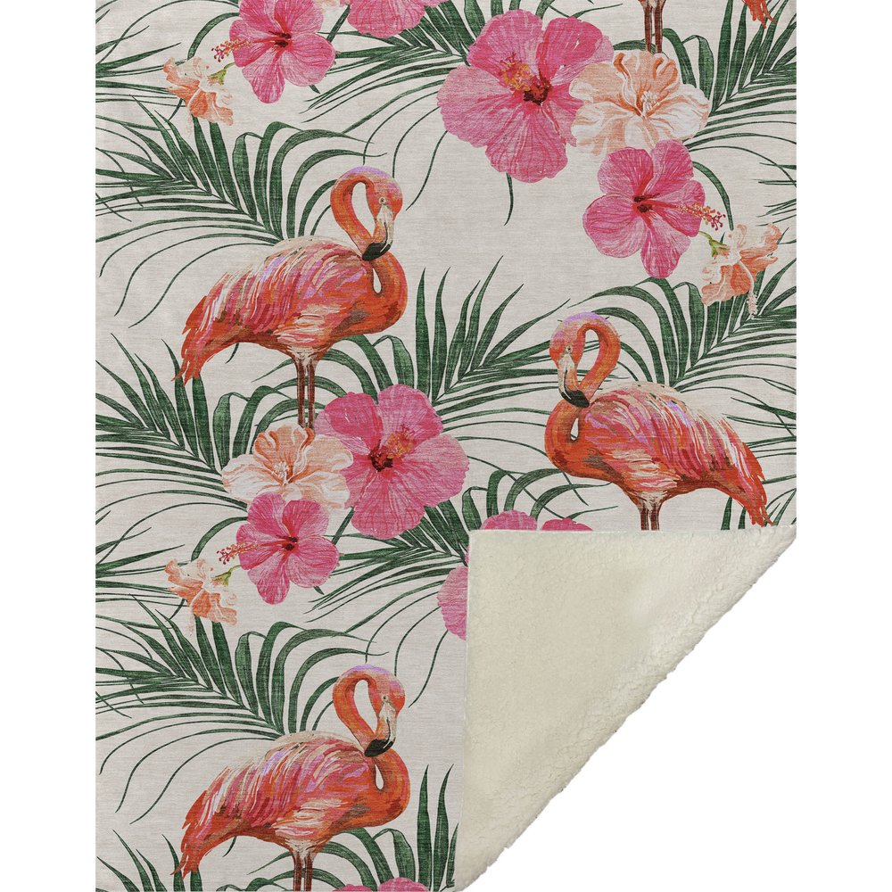 50" X 70" Pink Ivory And Olive Green Animal Print Polyester Woven Plush Throw Blanket