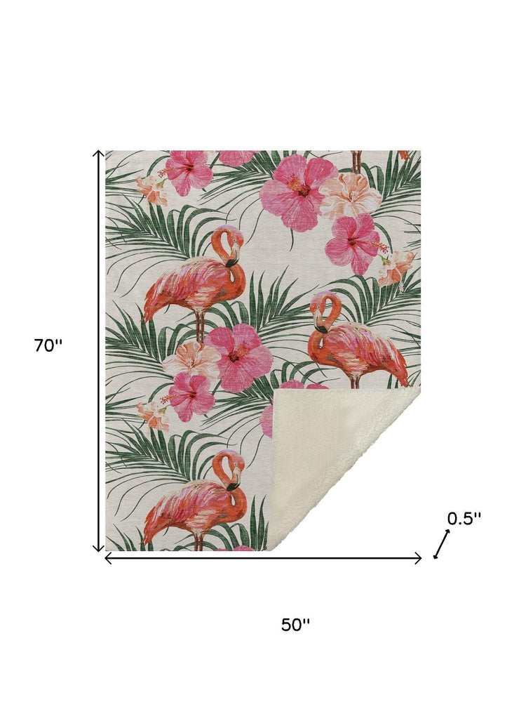 50" X 70" Pink Ivory And Olive Green Animal Print Polyester Woven Plush Throw Blanket