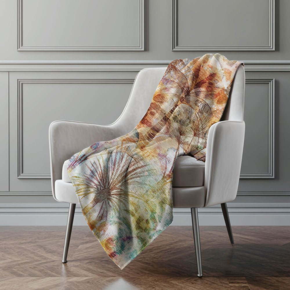 50" X 70" Ivory Peach And Blue Leaves Polyester Woven Plush Throw Blanket