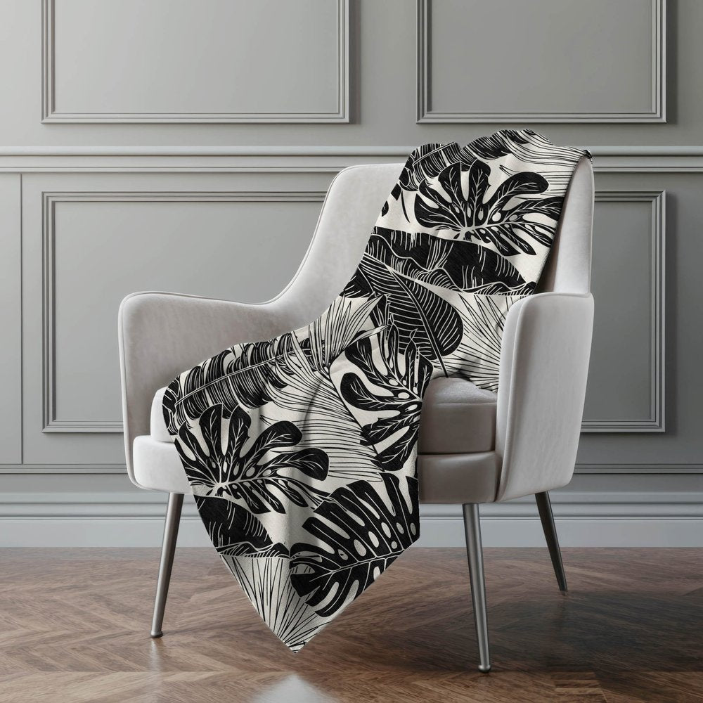 50" X 70" Midnight And Ivory Leaves Polyester Woven Plush Throw Blanket