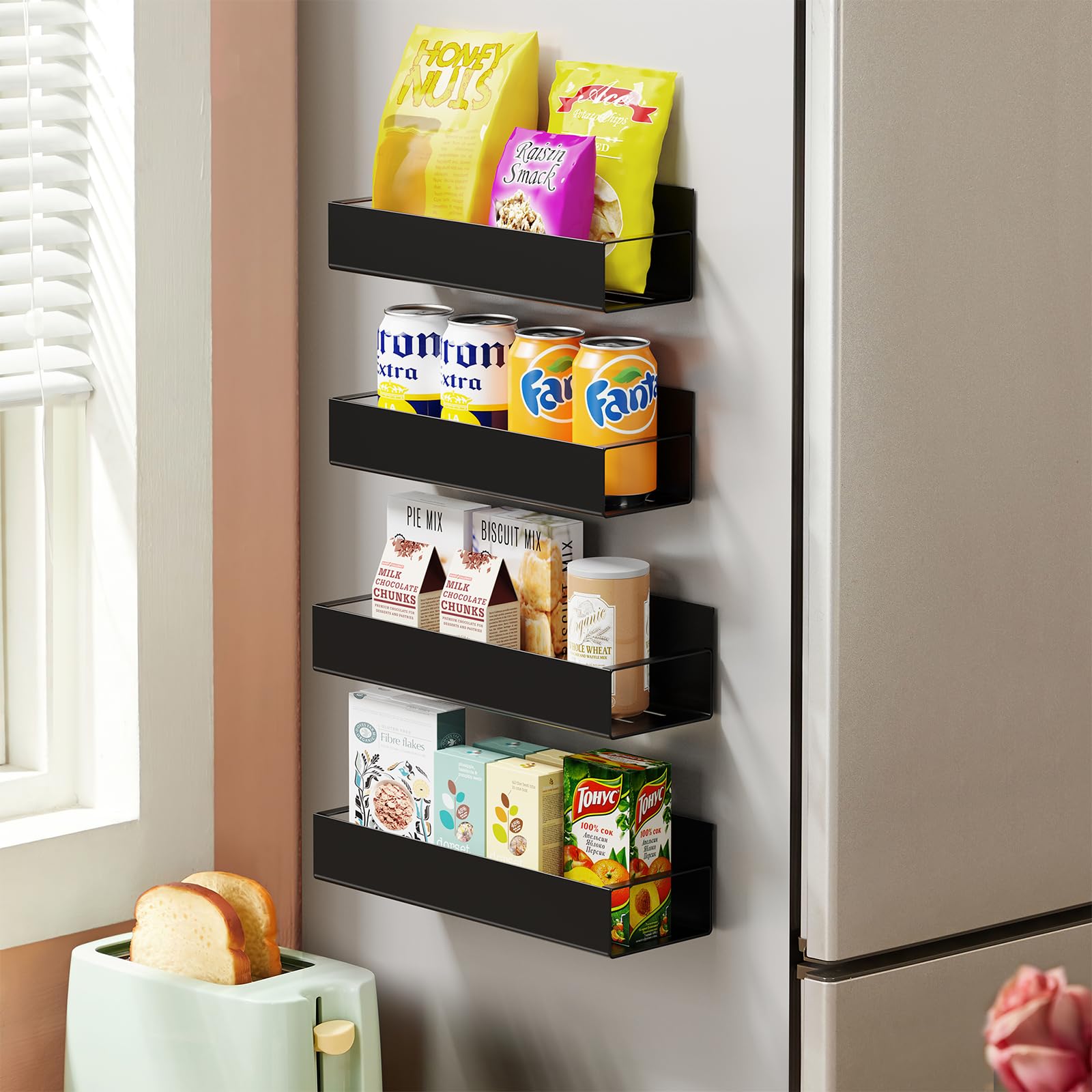 4 Pack Moveable Fridge Magnetic Spice Racks, Metal - Black