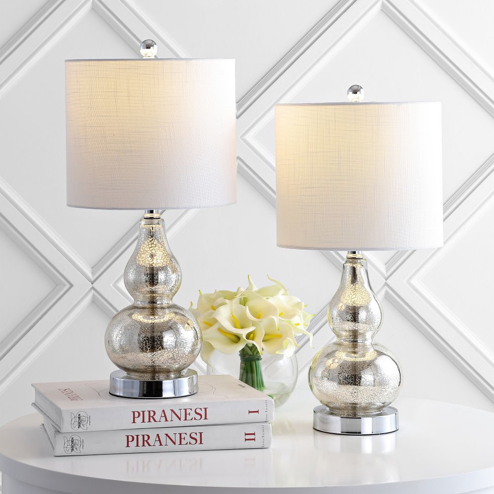 Set of Two 21" Silver Gourd Desk Lamps LED With Drum Shades