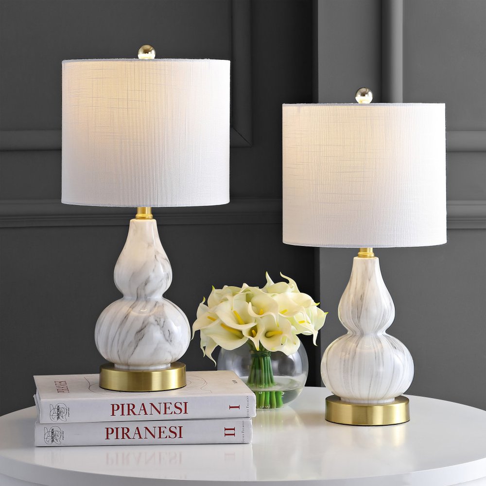 Set of Two 21" Gold Gourd Desk Lamps LED With Drum Shades