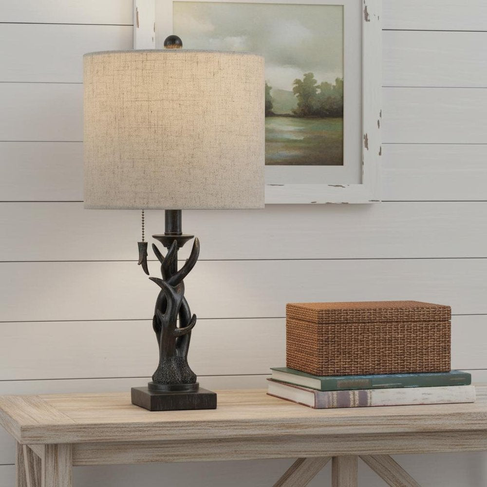 21" Black Antlers Desk Lamp LED With Drum Shade