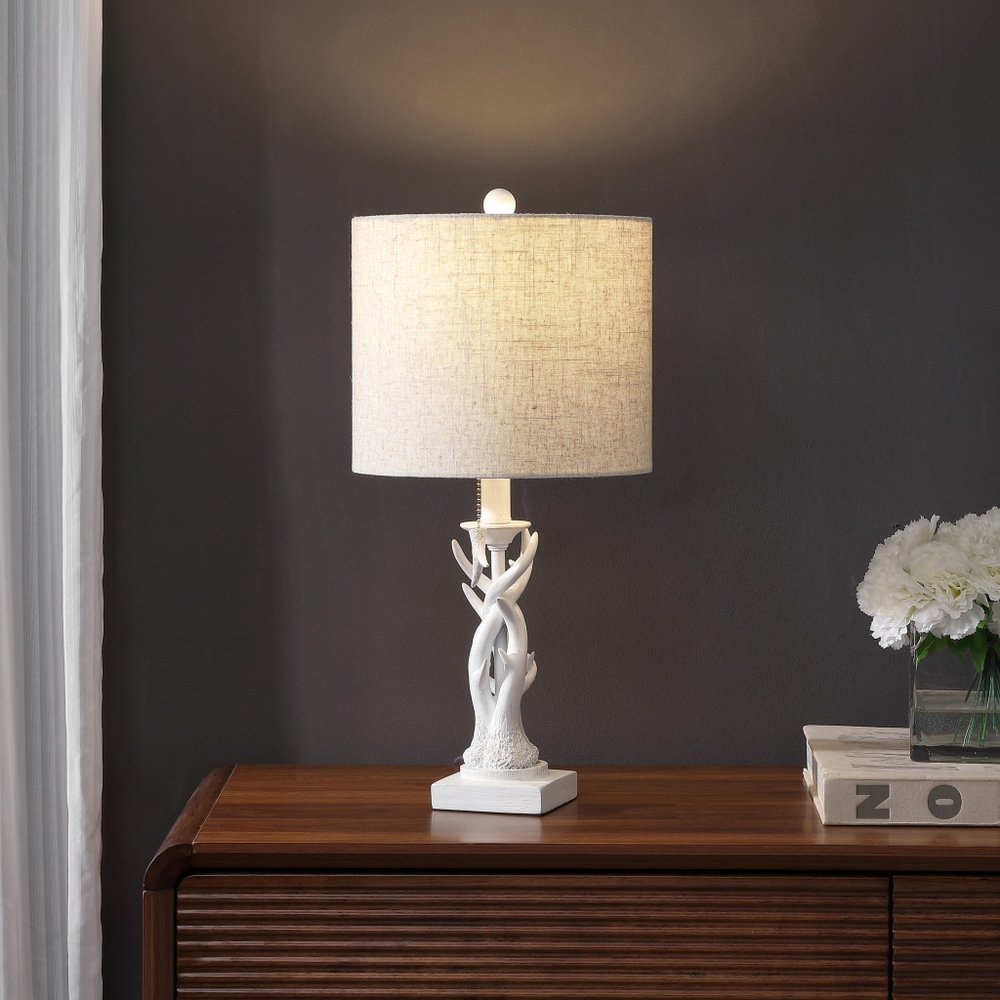 21" Antiqued White Antlers Desk Lamp LED With Drum Shade