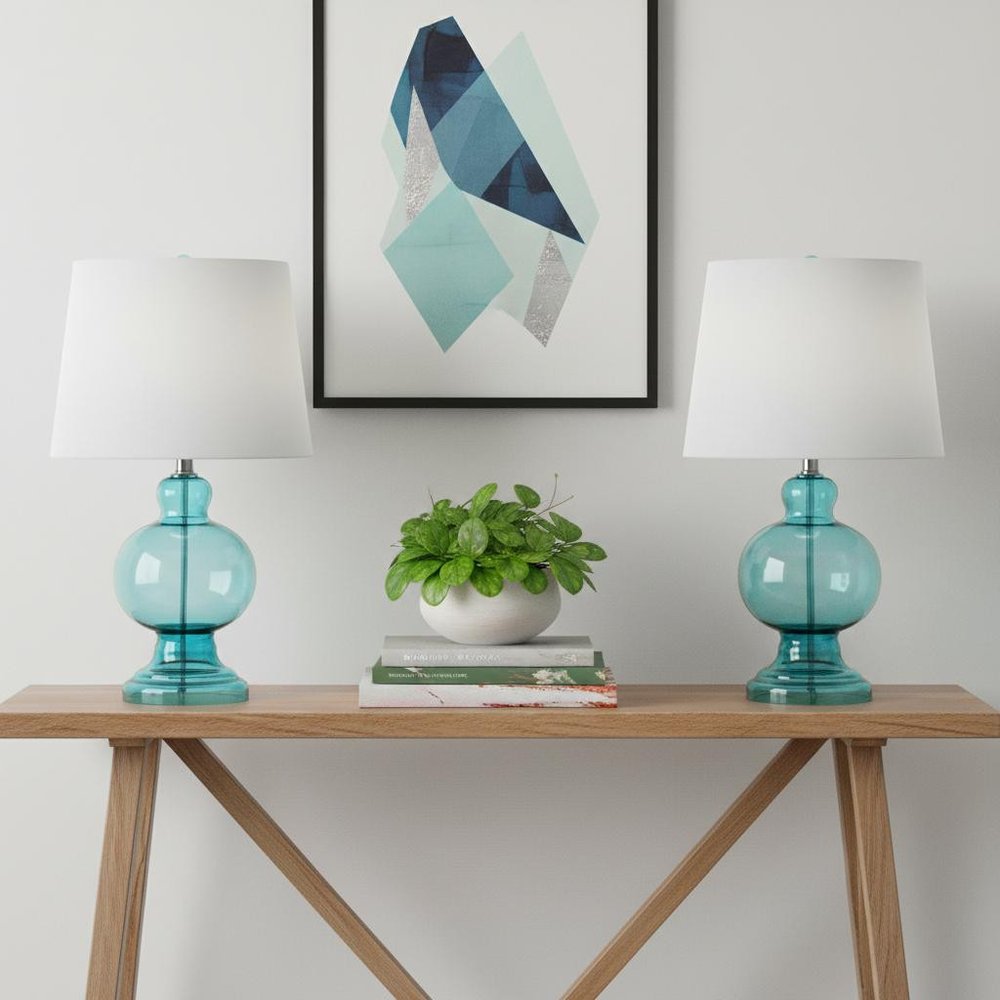 Set of Two 29" Blue Novelty Table Lamps LED With Drum Shades