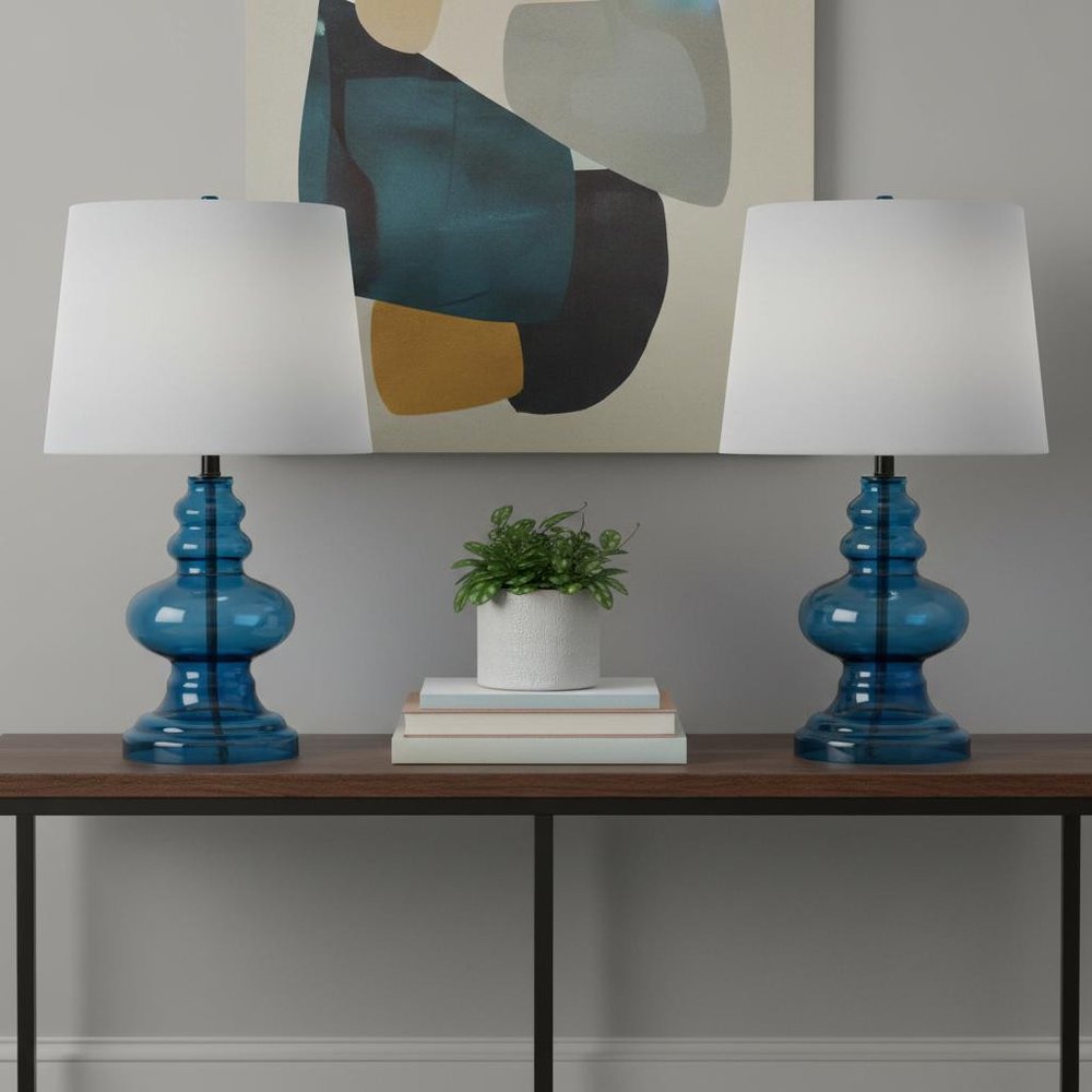 Set of Two 29" Blue Novelty Table Lamps LED With Drum Shades