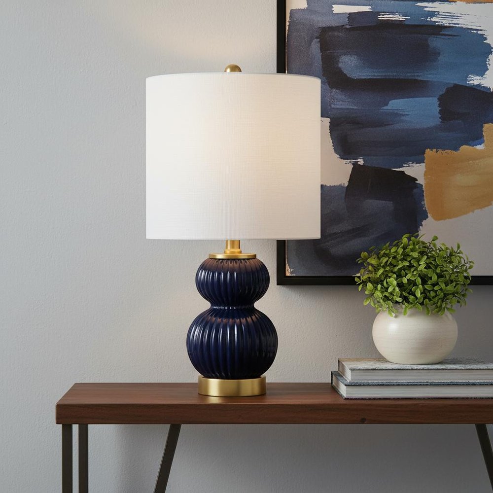 20" Gold Gourd Table Lamp LED With Drum Shade