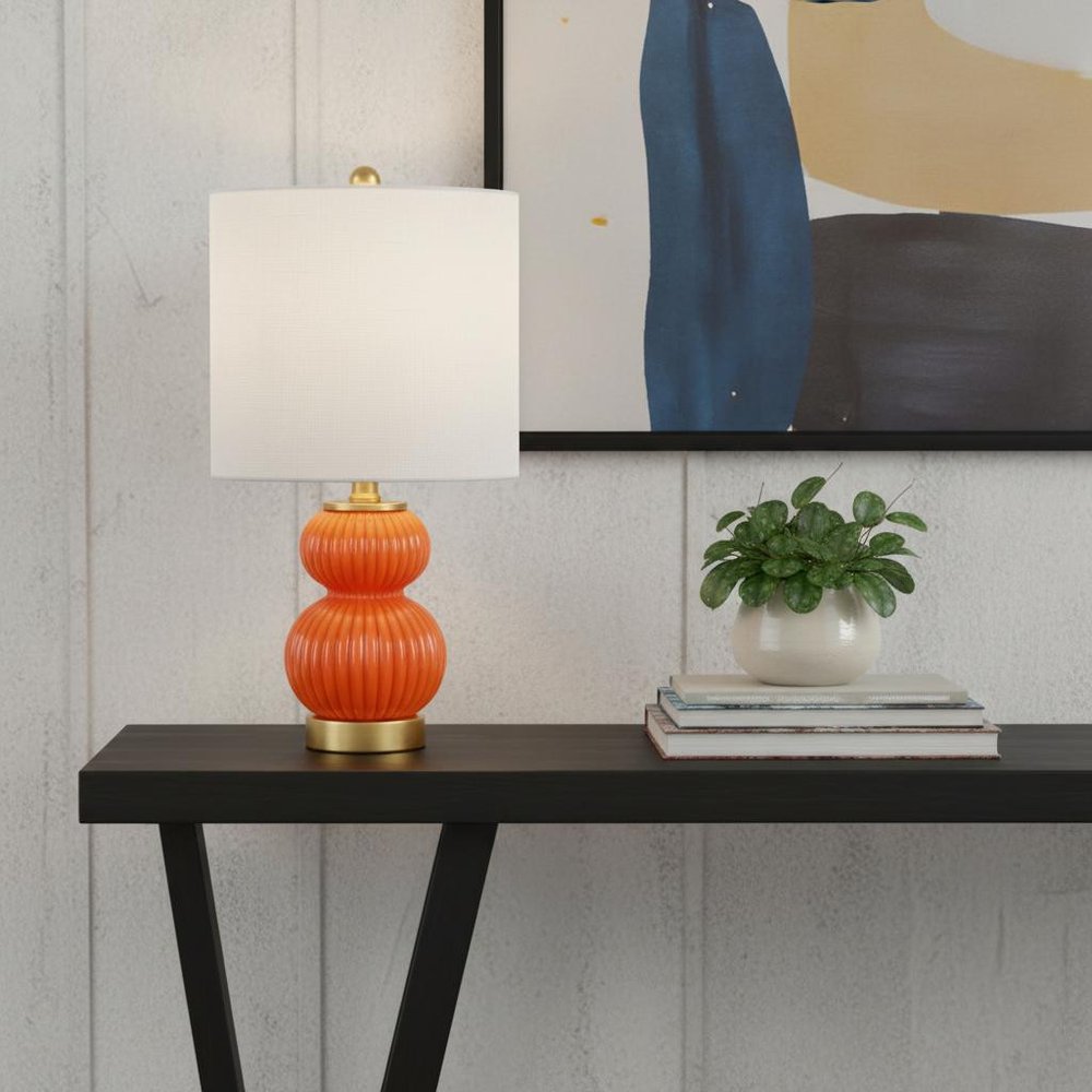20" Gold Gourd Table Lamp LED With Drum Shade