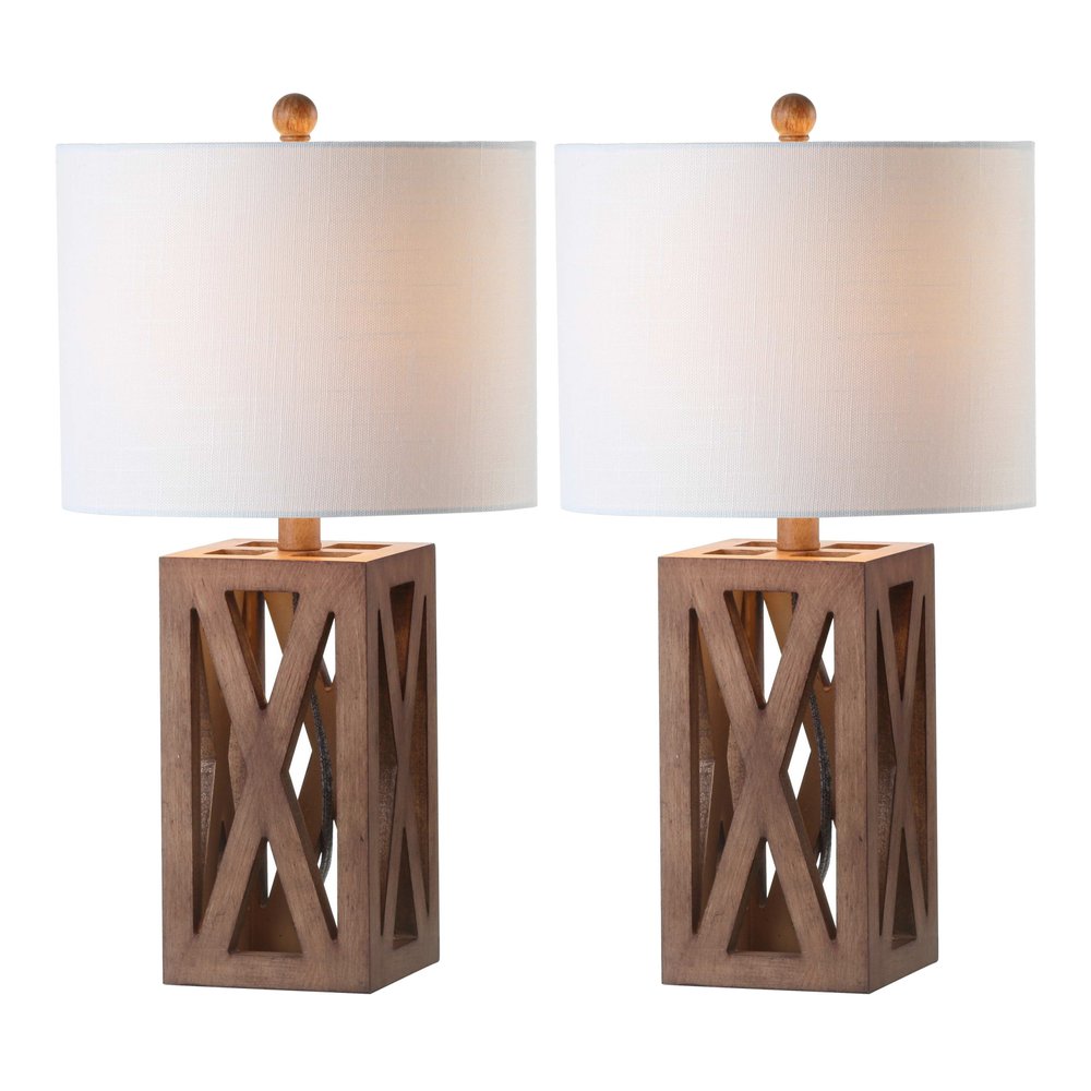 Set of Two 22" Brown Table Lamps LED With Drum Shades