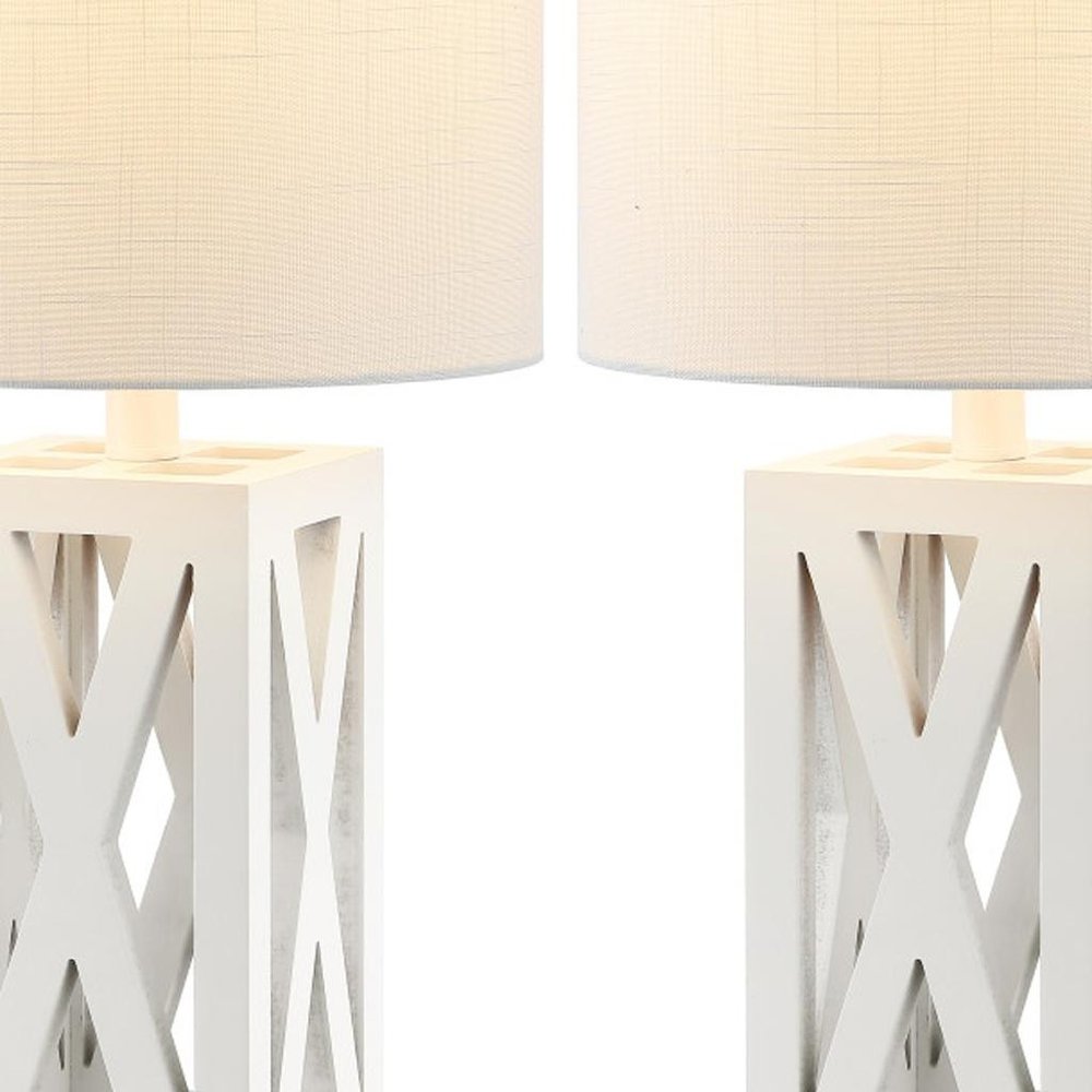 Set of Two 22" White Table Lamps LED With Drum Shades