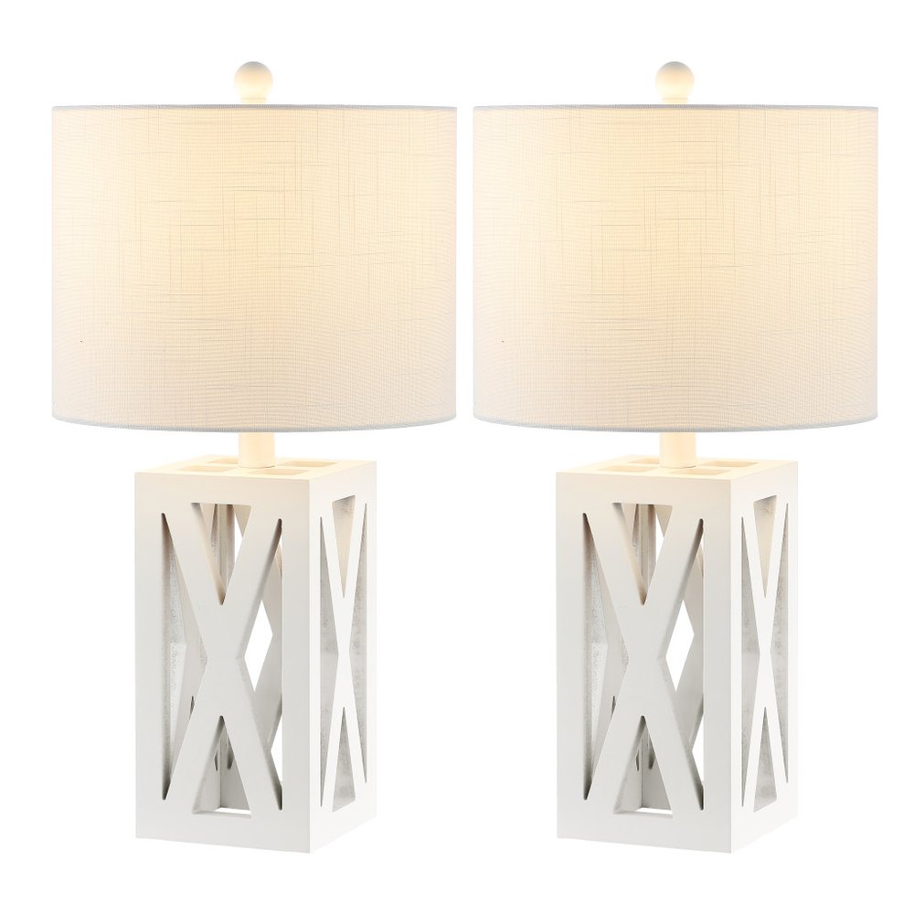Set of Two 22" White Table Lamps LED With Drum Shades