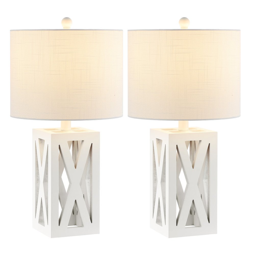 Set of Two 22" White Table Lamps LED With Drum Shades