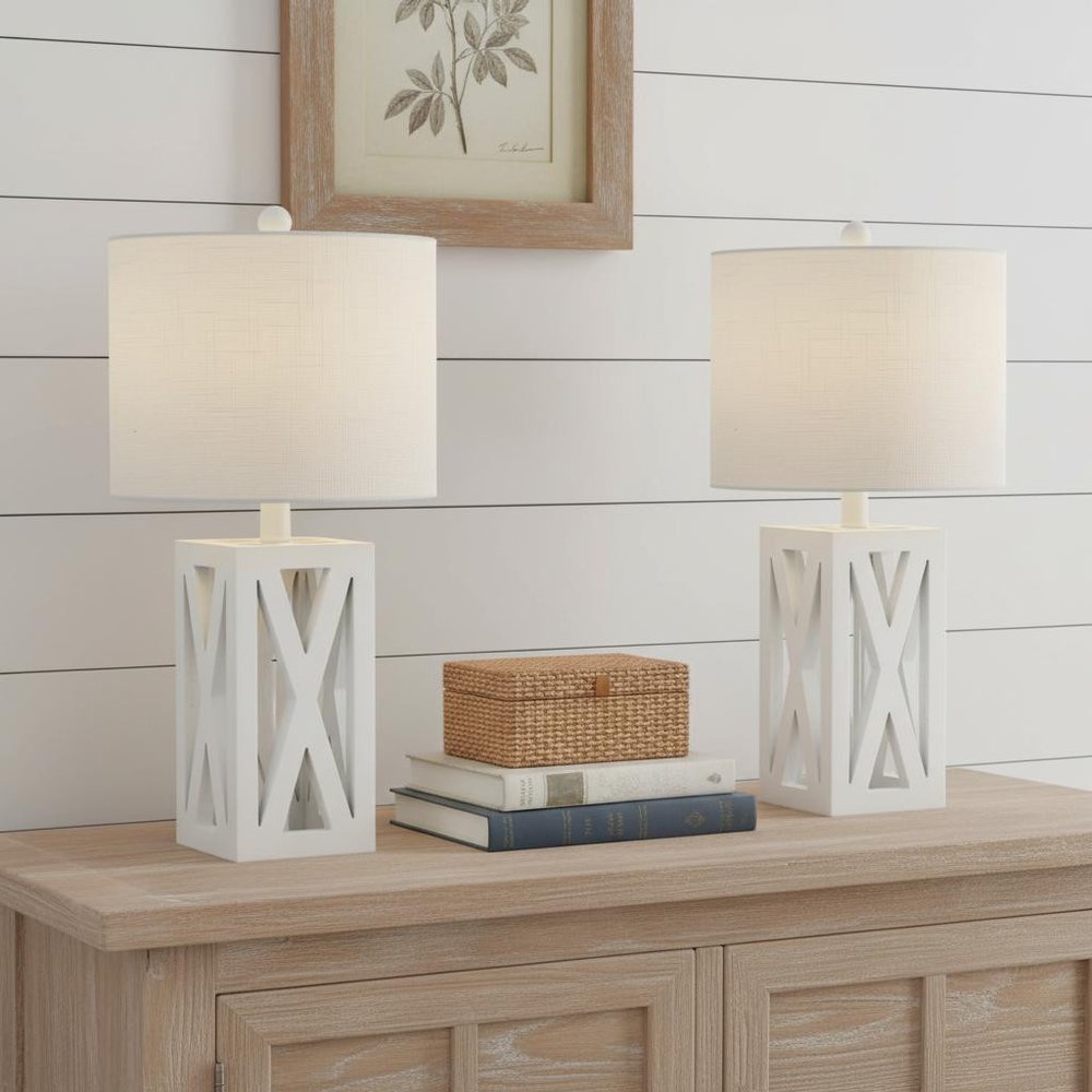 Set of Two 22" White Table Lamps LED With Drum Shades
