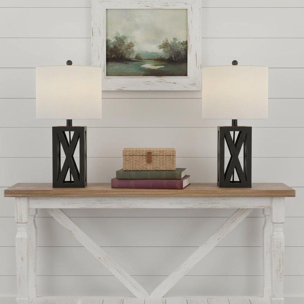 Set of Two 22" Black Table Lamps LED With Drum Shades