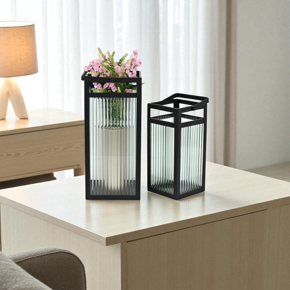 Set of Two Black Metal Floor Lantern Candle Holders