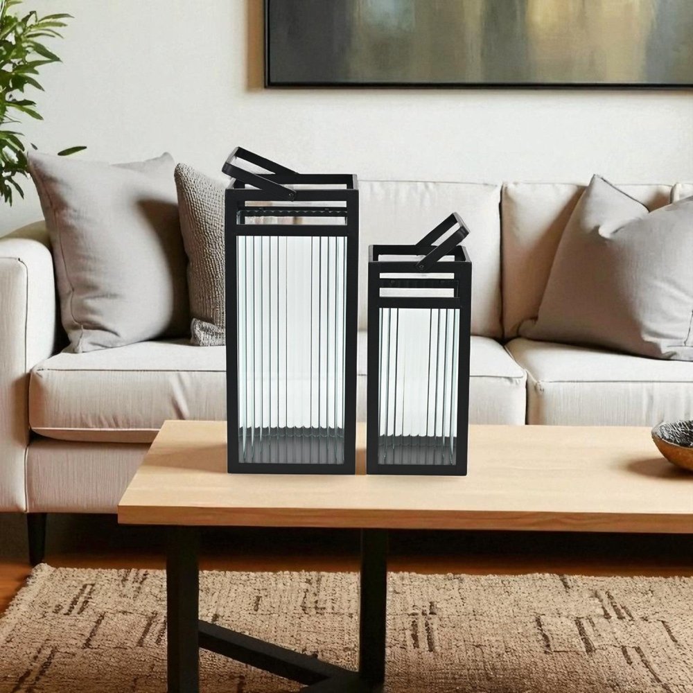 Set of Two Black Metal Floor Lantern Candle Holders