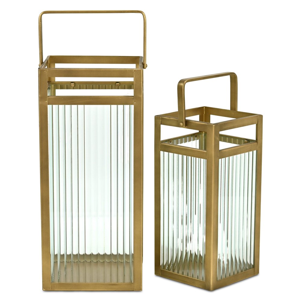 Set of Two Gold Metal Floor Lantern Candle Holders