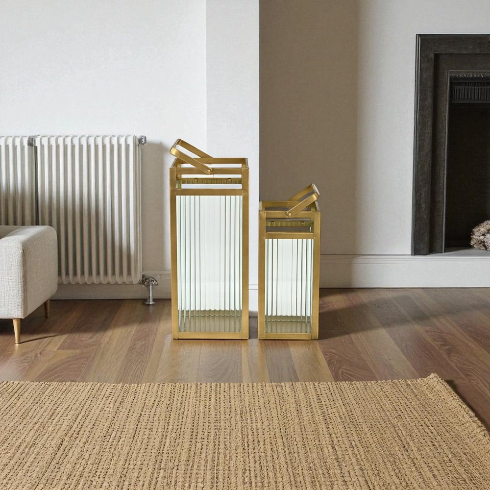 Set of Two Gold Metal Floor Lantern Candle Holders