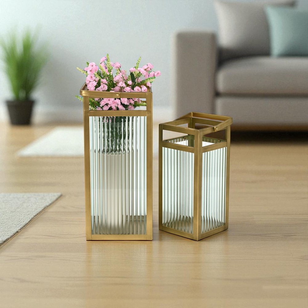 Set of Two Gold Metal Floor Lantern Candle Holders
