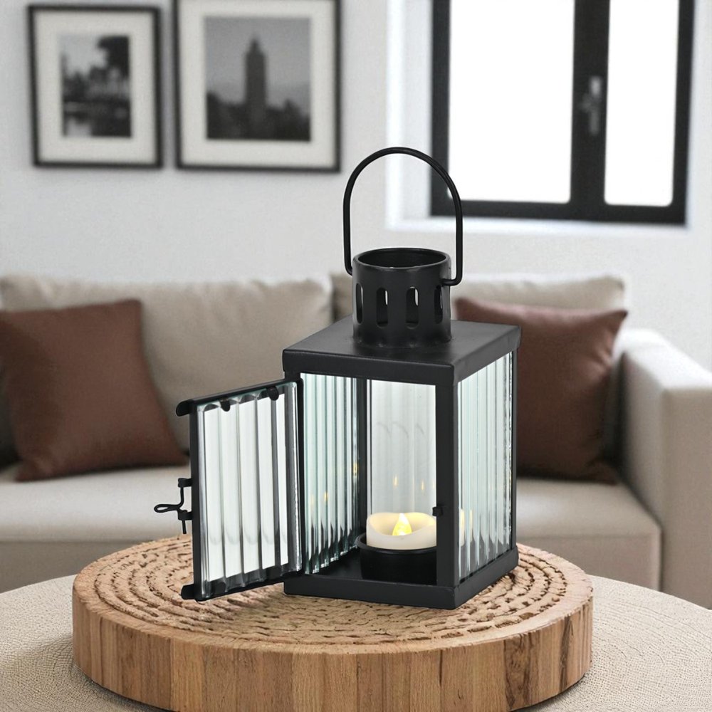 7" Black Metal Tabletop Lantern Candle Holder