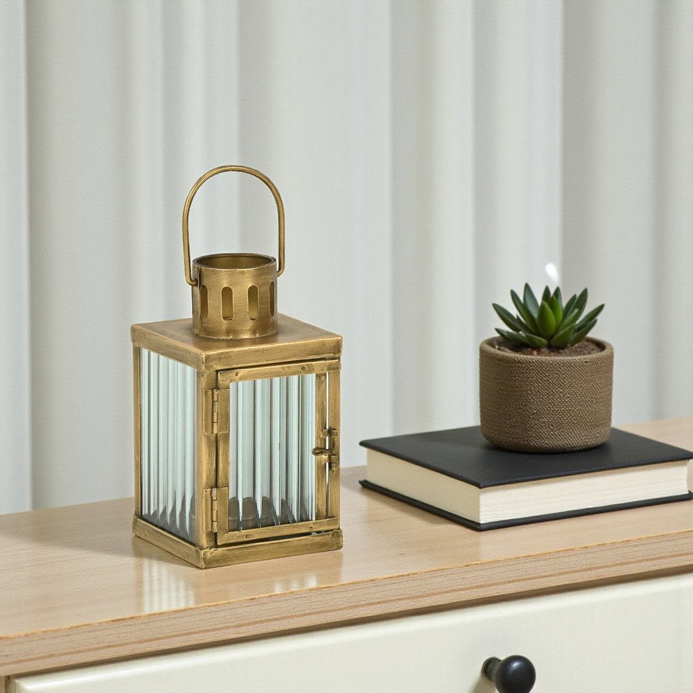 7" Gold Metal Tabletop Lantern Candle Holder
