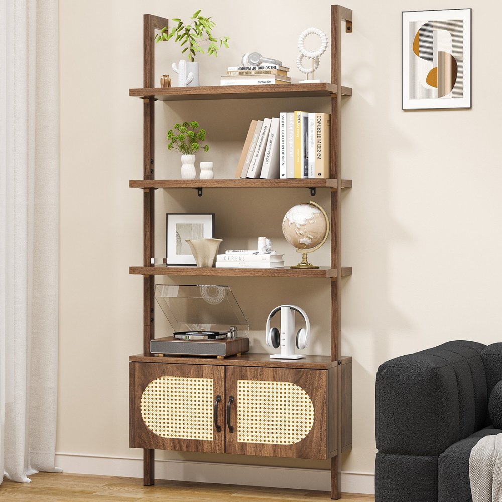 72" Light Brown Wood Adjustable Four Tier Etagere Bookcase with Two Doors