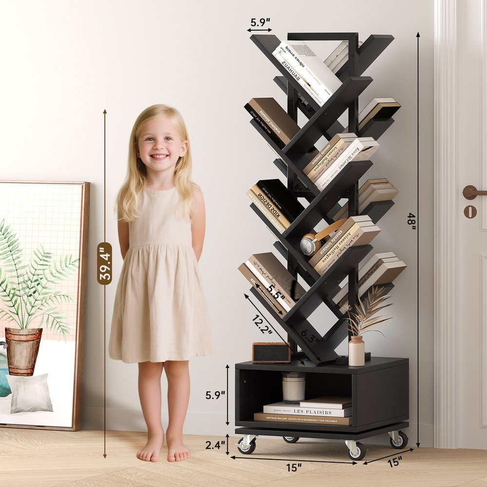 48" Black Wood Sixteen Tier Etagere Bookcase with A Drawer