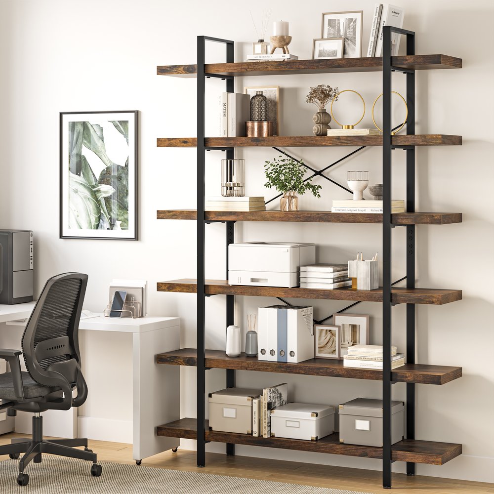 80" Brown Wood Six Tier Etagere Bookcase