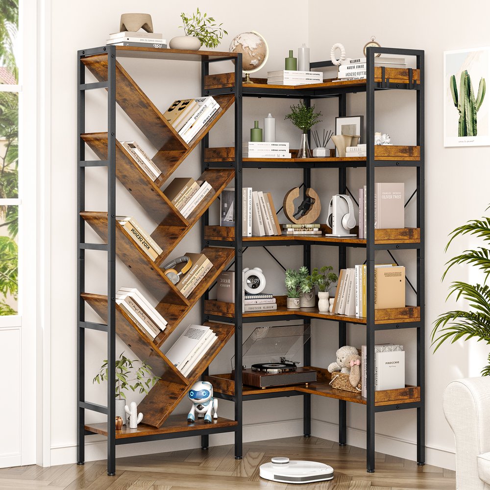 69" Brown And Black Wood And Metal Ten Tier Corner Bookcase