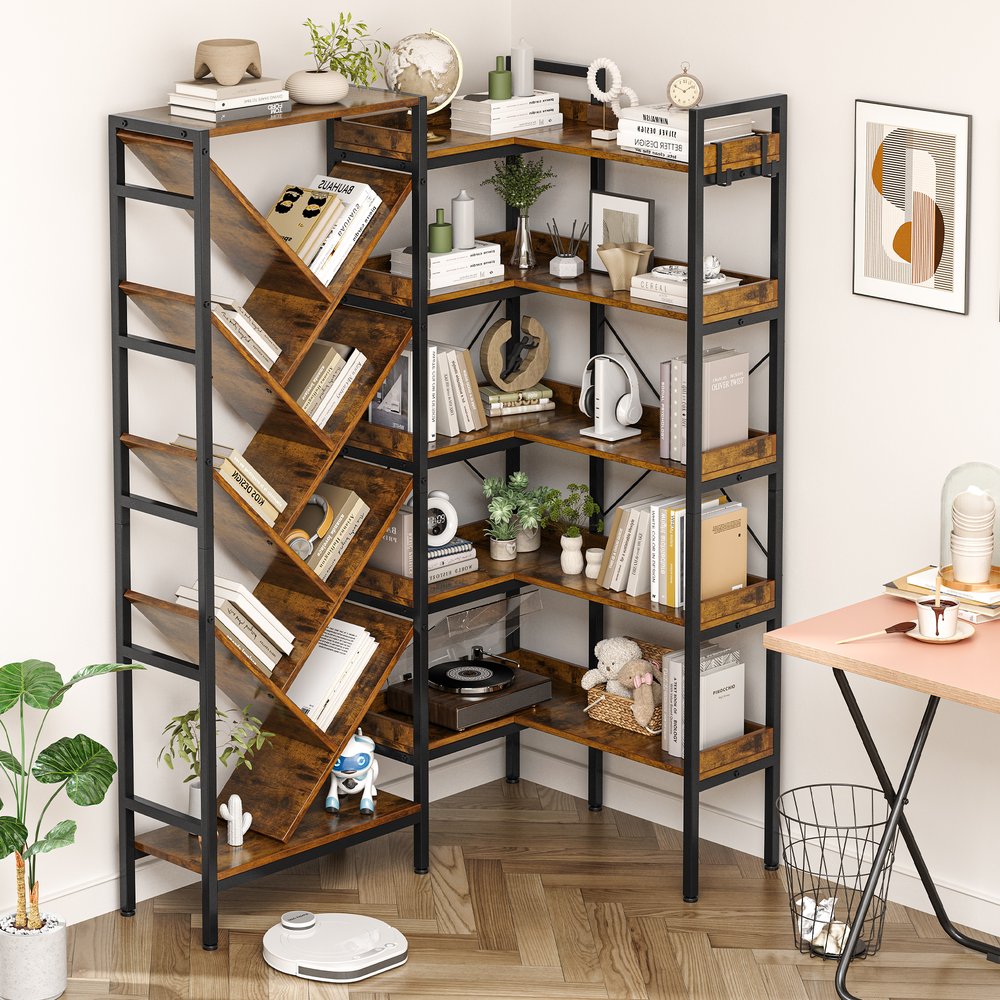 69" Brown And Black Wood And Metal Ten Tier Corner Bookcase