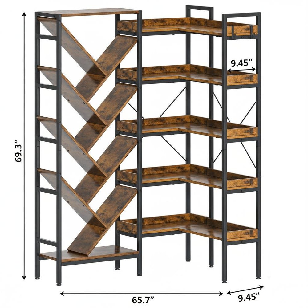 69" Brown And Black Wood And Metal Ten Tier Corner Bookcase