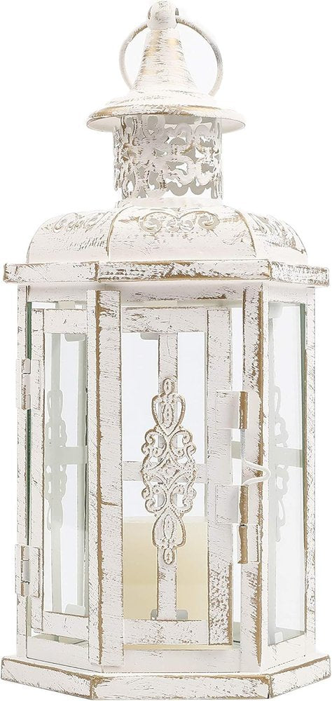 10" Clear And White Glass And Metal Distressed Tabletop Lantern Candle Holder