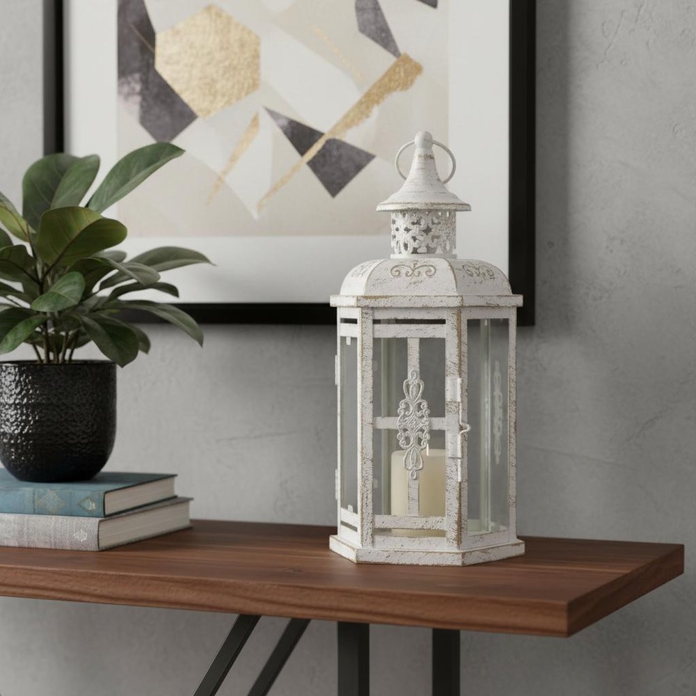 10" Clear And White Glass And Metal Distressed Tabletop Lantern Candle Holder