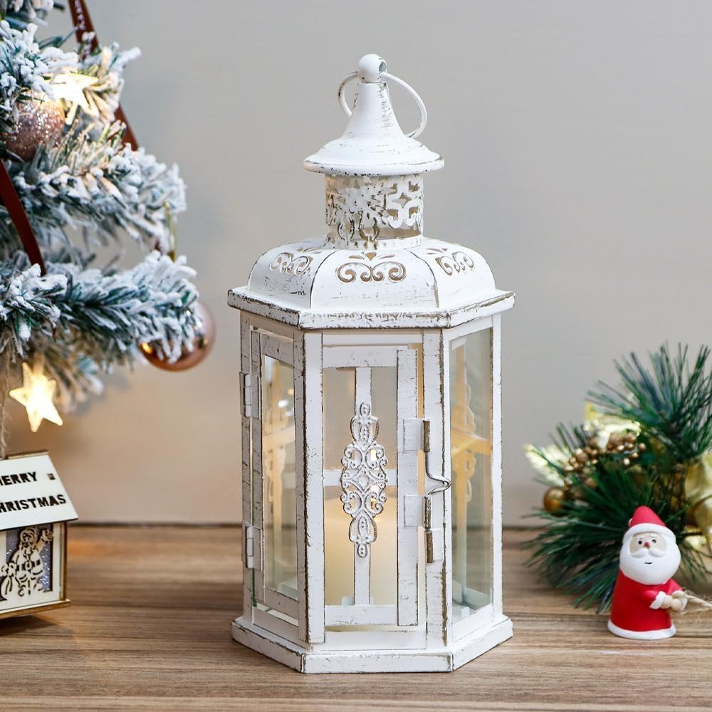 10" Clear And White Glass And Metal Distressed Tabletop Lantern Candle Holder
