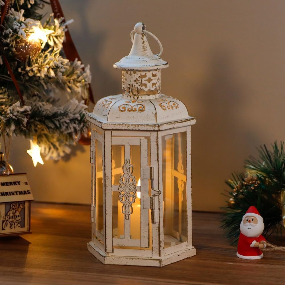 10" Clear And White Glass And Metal Distressed Tabletop Lantern Candle Holder
