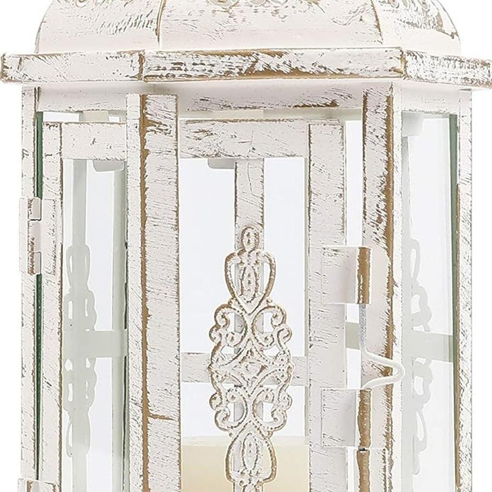 10" Clear And White Glass And Metal Distressed Tabletop Lantern Candle Holder