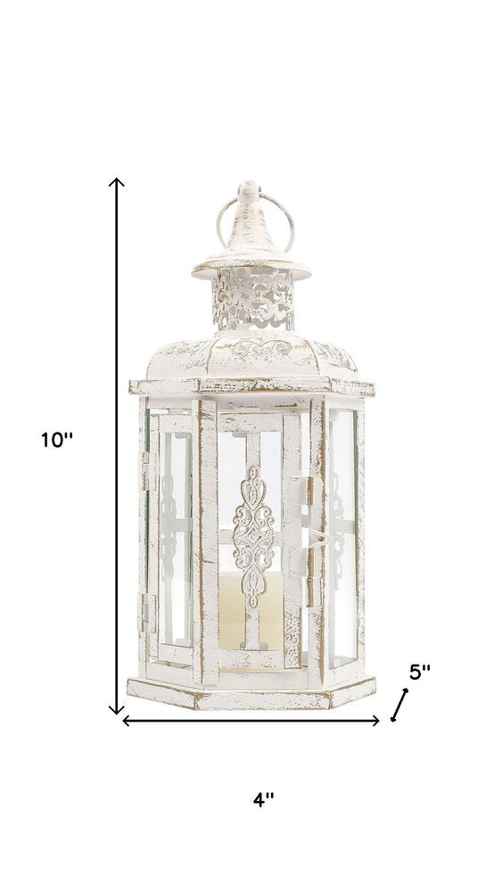 10" Clear And White Glass And Metal Distressed Tabletop Lantern Candle Holder