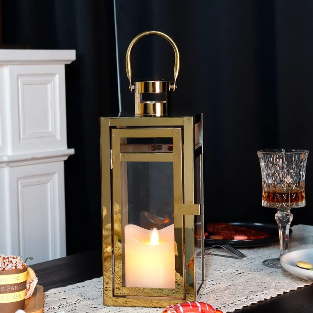 12" Clear And Gold Glass And Stainless Steel Tabletop Lantern Candle Holder