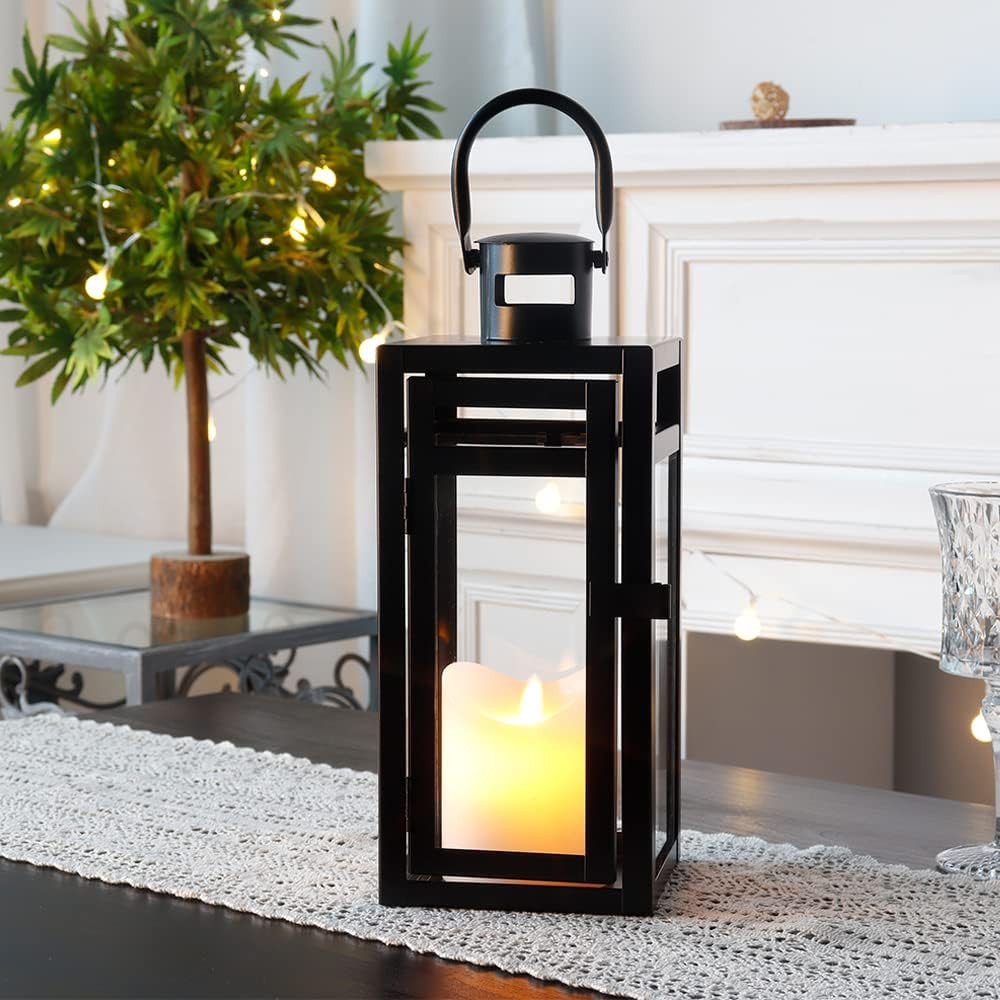 12" Clear And Black Glass And Metal Tabletop Lantern Candle Holder