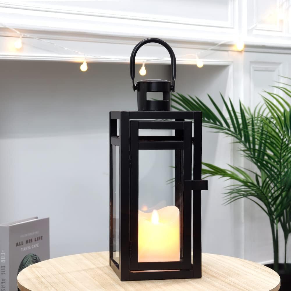 12" Clear And Black Glass And Metal Tabletop Lantern Candle Holder