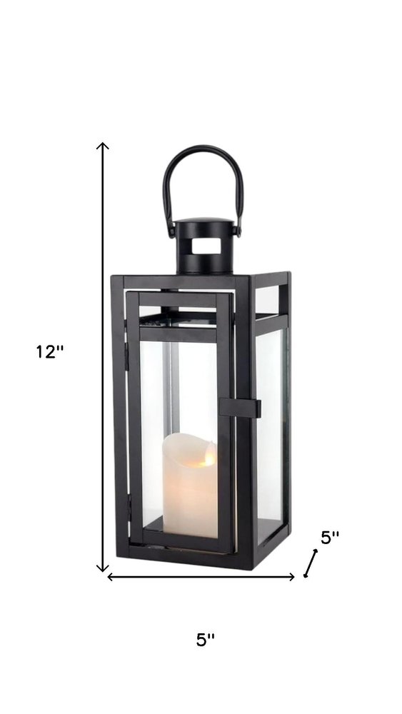 12" Clear And Black Glass And Metal Tabletop Lantern Candle Holder