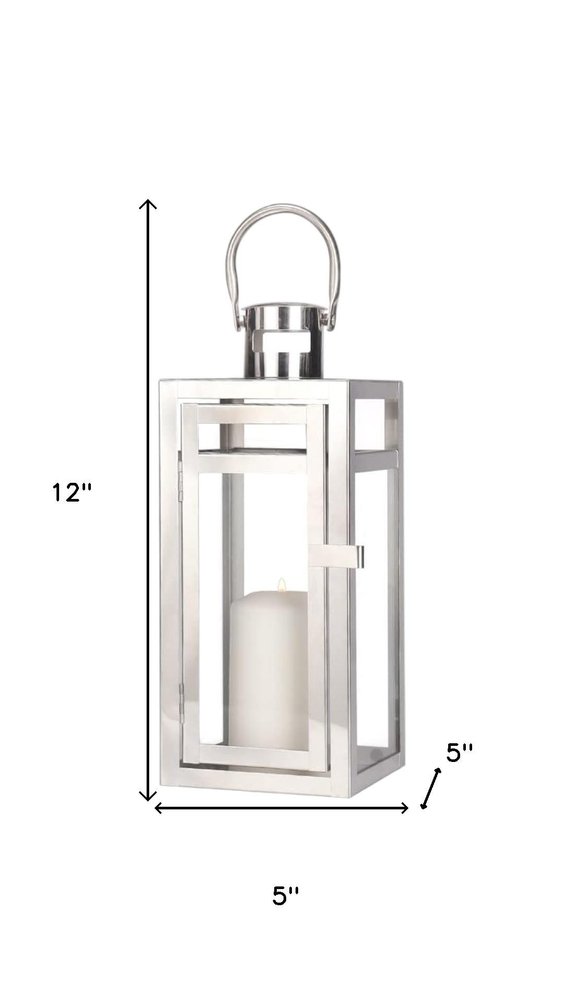 12" Clear And Silver Glass And Stainless Steel Floor Lantern Candle Holder