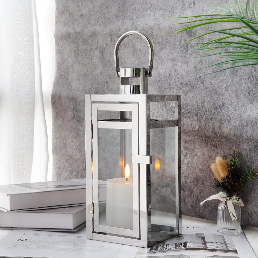 12" Clear And Silver Glass And Stainless Steel Floor Lantern Candle Holder