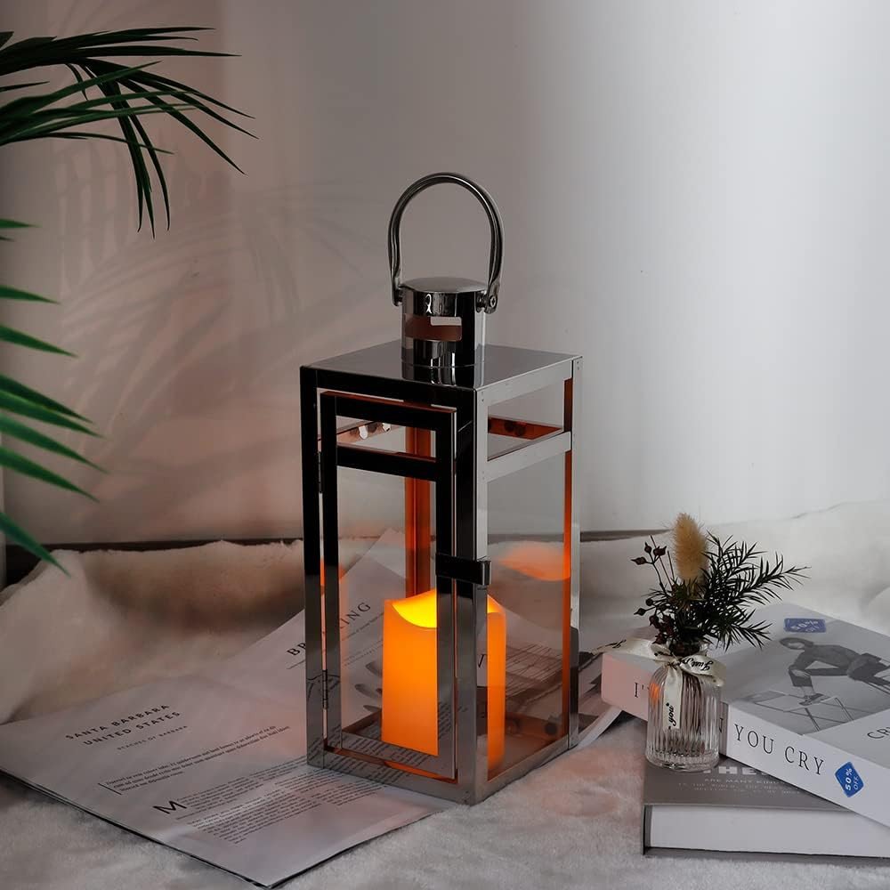 12" Clear And Silver Glass And Stainless Steel Floor Lantern Candle Holder