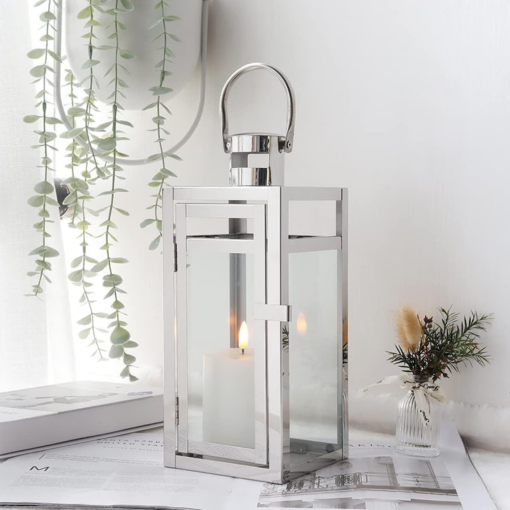12" Clear And Silver Glass And Stainless Steel Floor Lantern Candle Holder