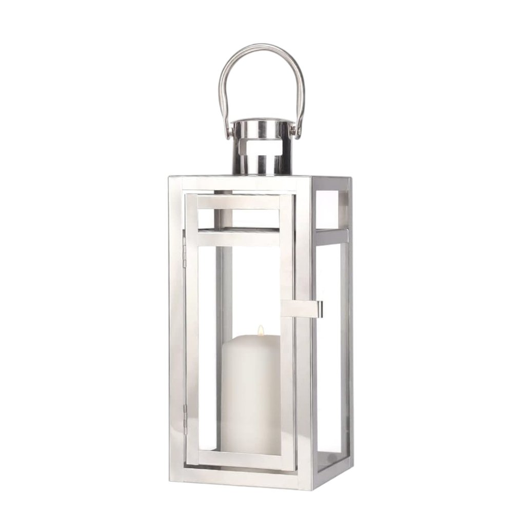 12" Clear And Silver Glass And Stainless Steel Floor Lantern Candle Holder