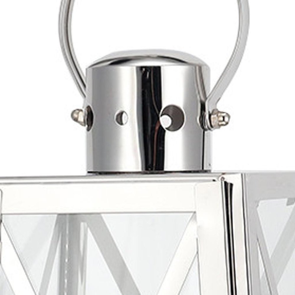 12" Clear And Silver Glass And Stainless Steel Tabletop Lantern Candle Holder