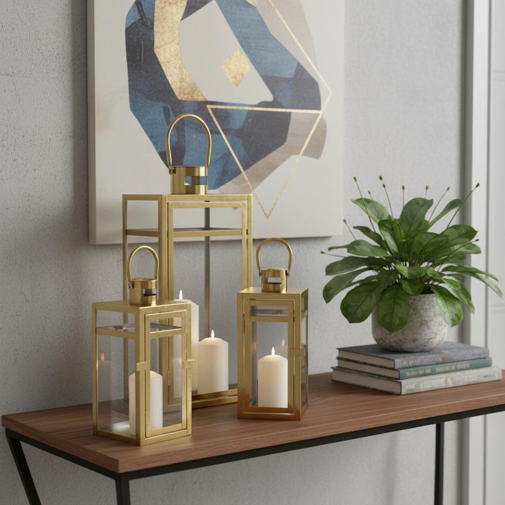 Set of Three Clear And Gold Glass And Stainless Steel Tabletop Lantern Candle Holders